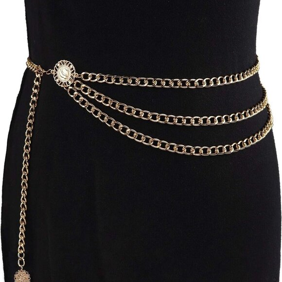 Women Waist Chain Belt Multilayer Sunflower Pendant Adjustable Gold Alloy - Picture 5 of 6